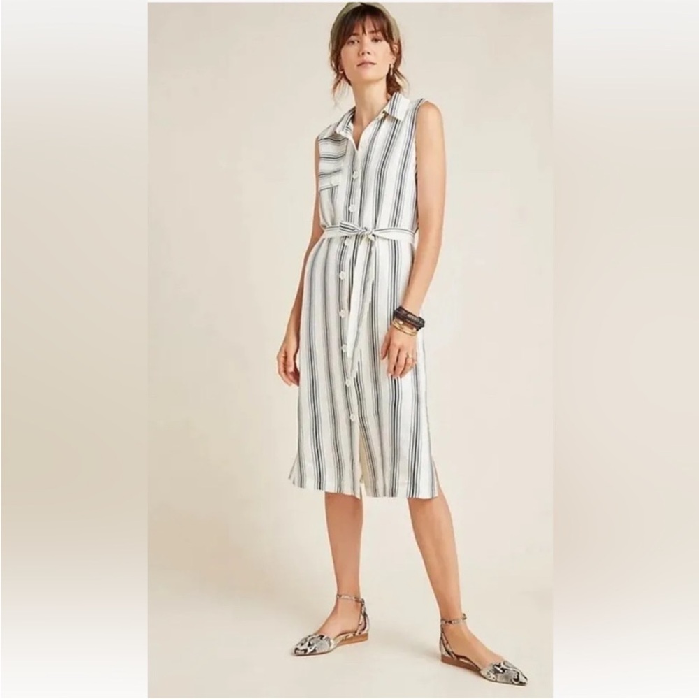 Anthropologie Sleeveless Button-Front Midi Dress in White and Navy Stripe